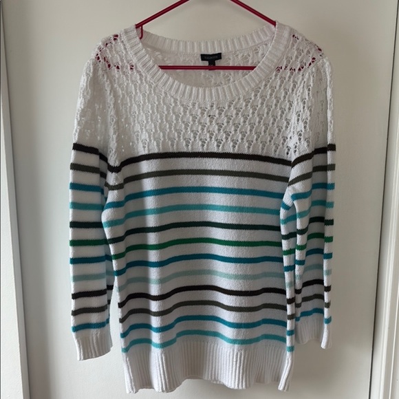 Talbots Sweaters - Talbots White Striped Cotton Blend Crewneck Pullover Sweater XL